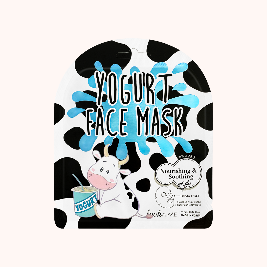 A sheet mask package with a cartoon cow design, titled &