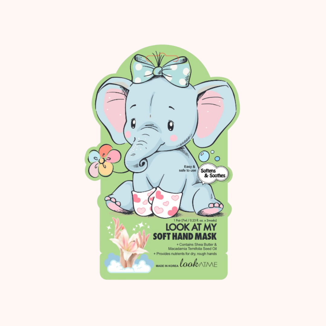 Packaging of a hand mask featuring a cute elephant design with a bow and a small cloud illustration. The background is light green with text and additional decorative elements.