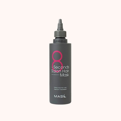 A bottle of MASIL 8 Seconds Salon Hair Mask, primarily in a black and gray color scheme with product details.