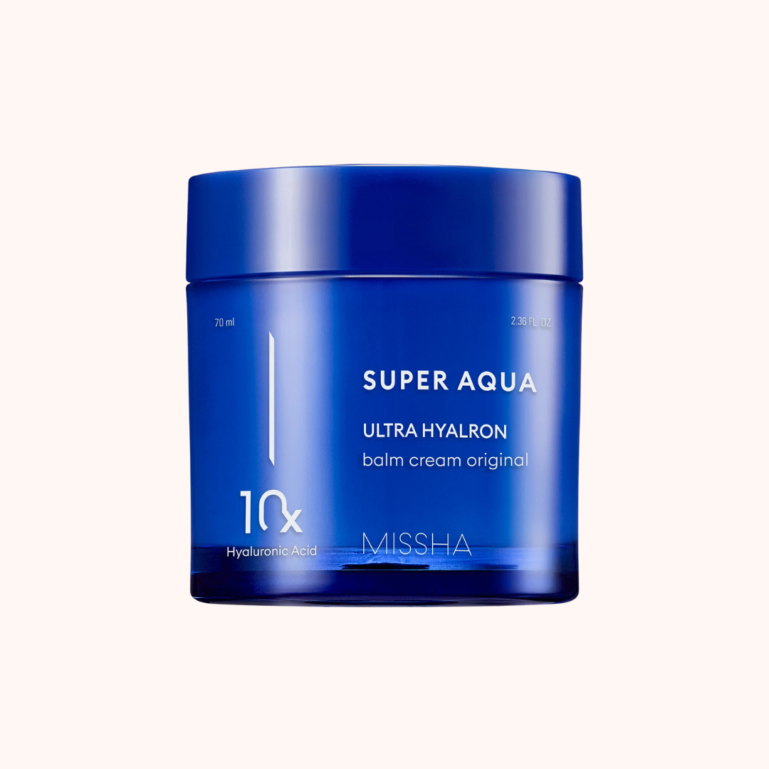 A blue jar of MISSHA Super Aqua Ultra Hyalron balm cream on a light beige background.