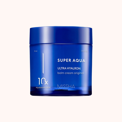 A blue jar of MISSHA Super Aqua Ultra Hyalron balm cream on a light beige background.
