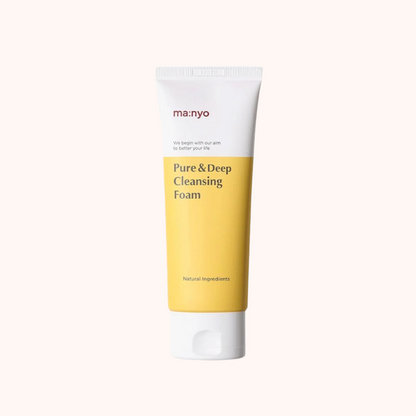 Tube of Ma:nyo Factory Pure&amp;Deep Cleansing Foam with yellow and white packaging.