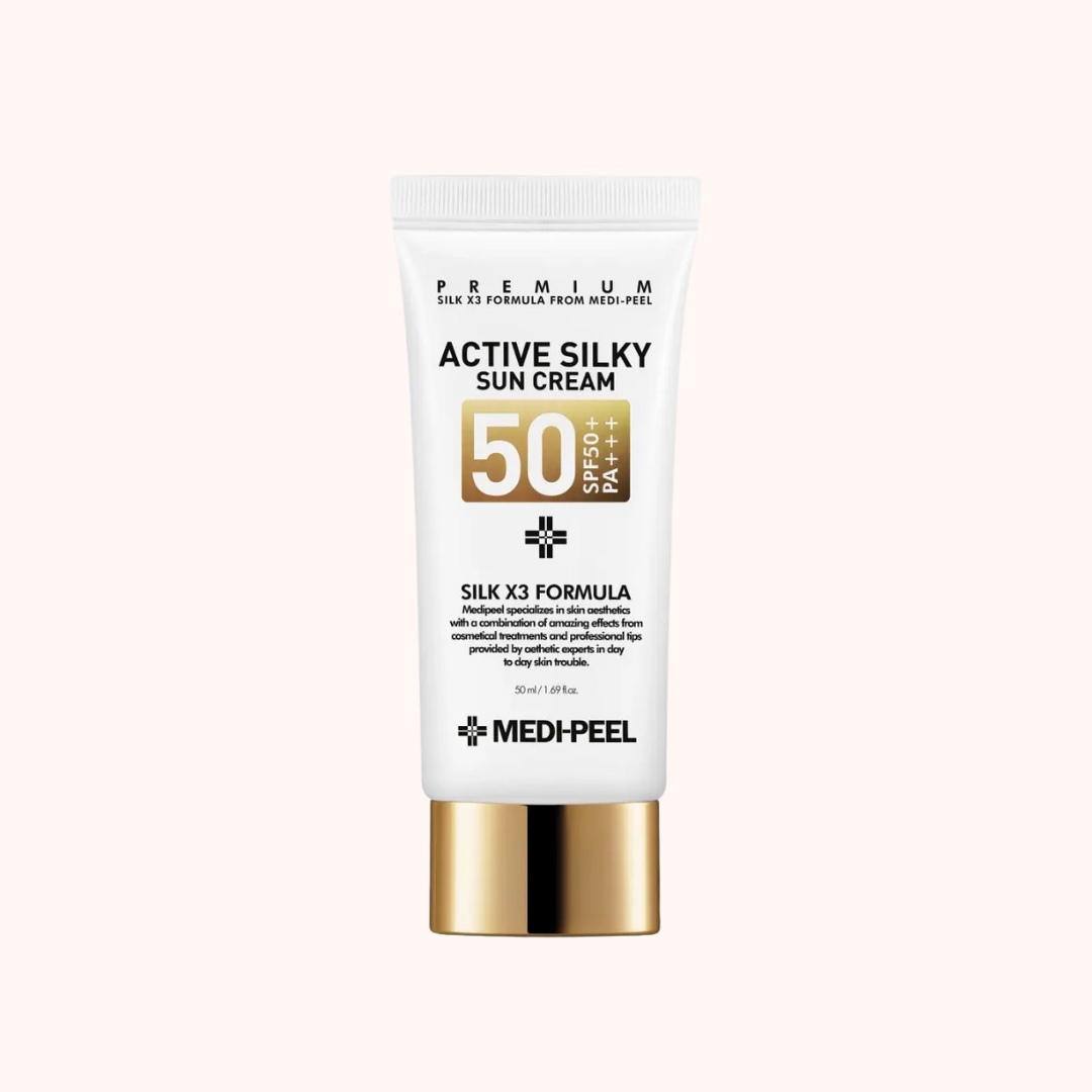Tube of Medi-Peel Active Silky Sun Cream SPF 50+ on a white background