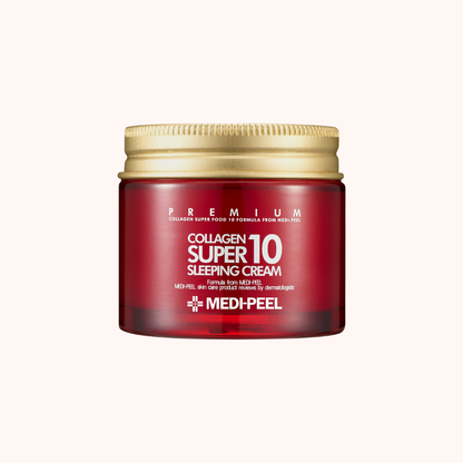 Red jar of Medipeel Collagen Super 10 Sleeping Cream on a white background