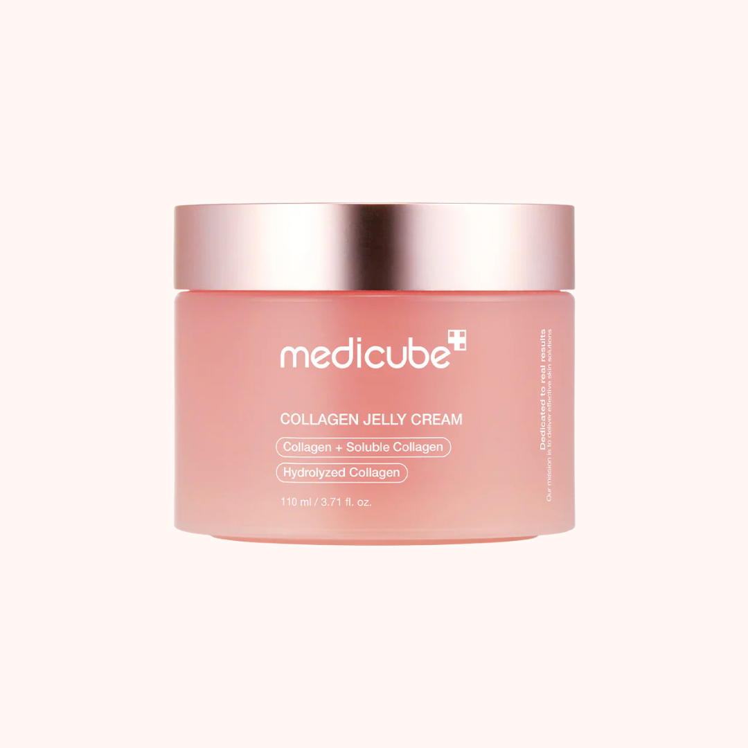Pink jar of Medicube Collagen Jelly Cream on a white background
