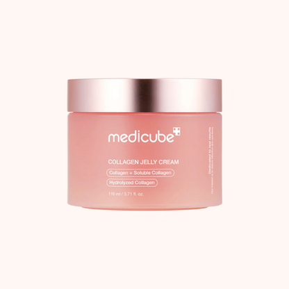 Pink jar of Medicube Collagen Jelly Cream on a white background