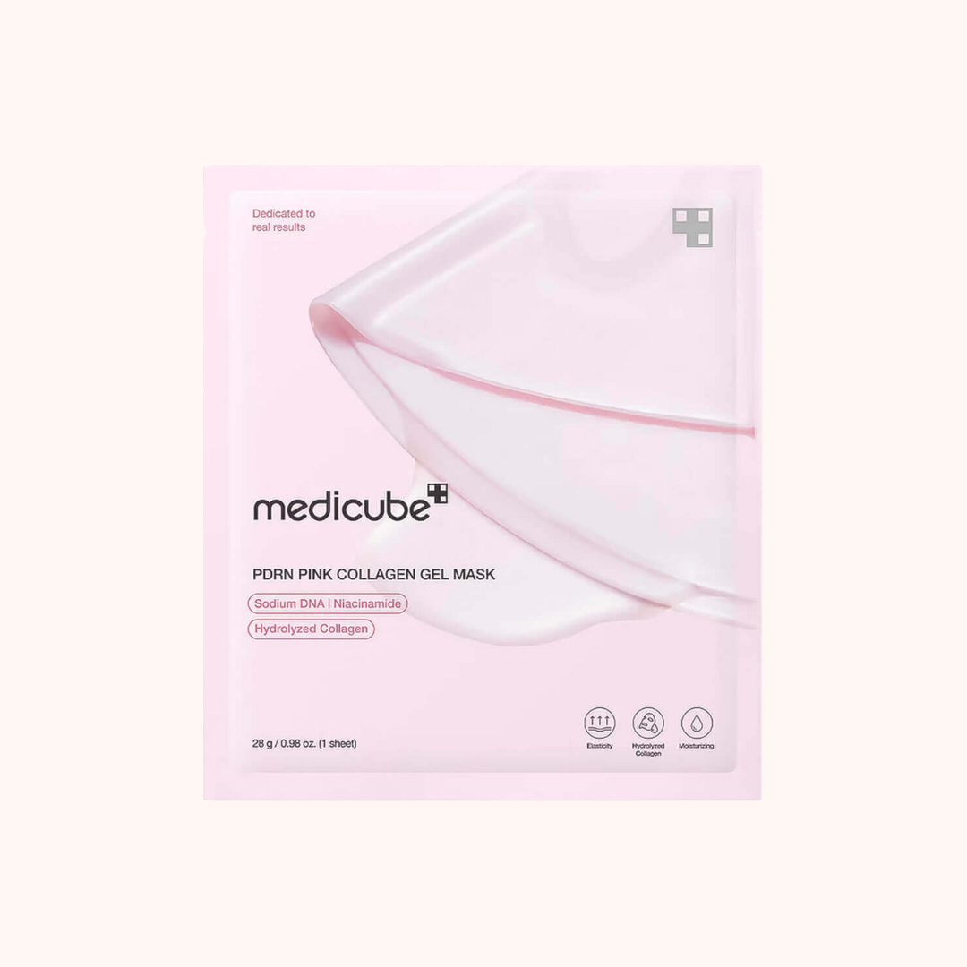 Pink collagen gel mask packaging with Medicube branding on a white background