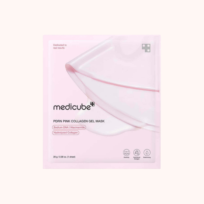 Pink collagen gel mask packaging with Medicube branding on a white background