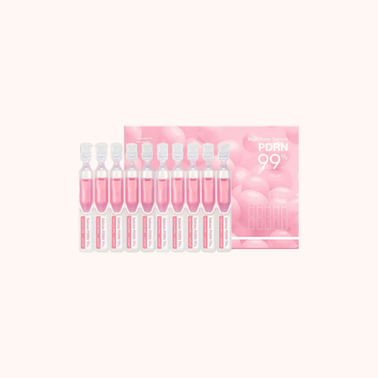 A set of ten small pink cosmetic ampoules arranged in front of a matching pink box labeled &