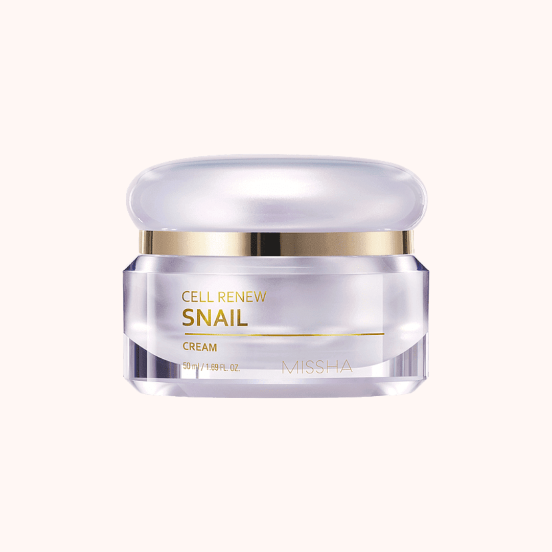 Cell Renew Snail cream jar with gold accents on a white background