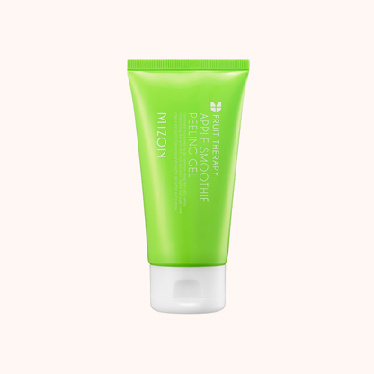 A bright green squeeze tube of MIZON Fruit Therapy Apple Smooth Peeling Gel with a white cap, centered on a pale pink background.