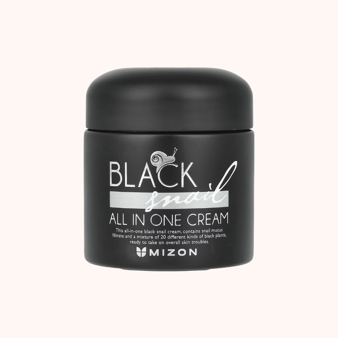 Black jar of Mizon All in One Cream on a white background
