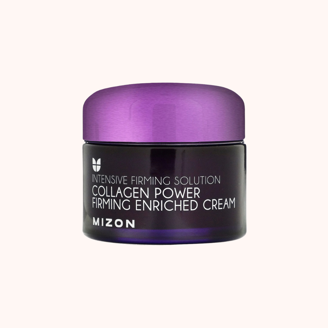 Mizon collagen power firming enriched cream jar with purple lid on a white background