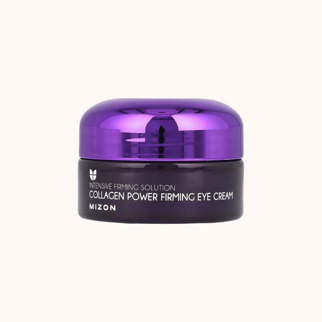 Mizon collagen power firming eye cream jar with purple lid on a white background