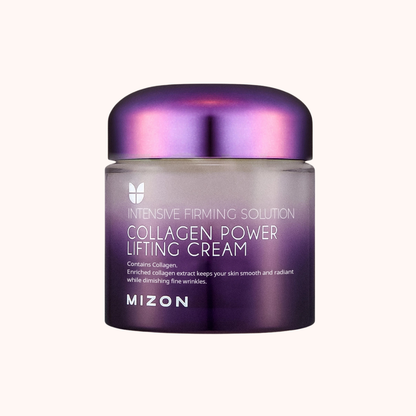 Mizon Collagen Power Lifting Cream jar with purple lid on a white background