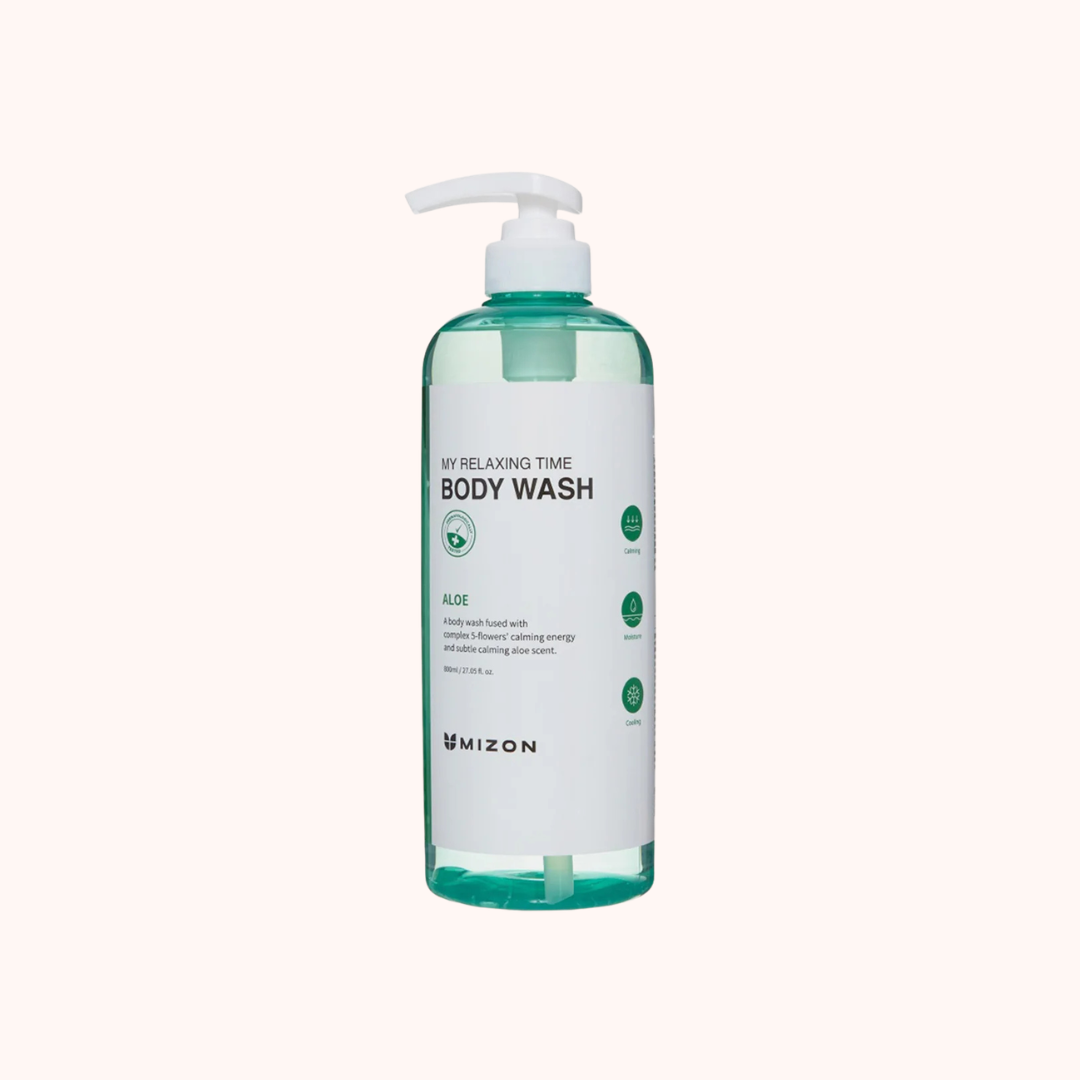 Body wash bottle with pump on a white background