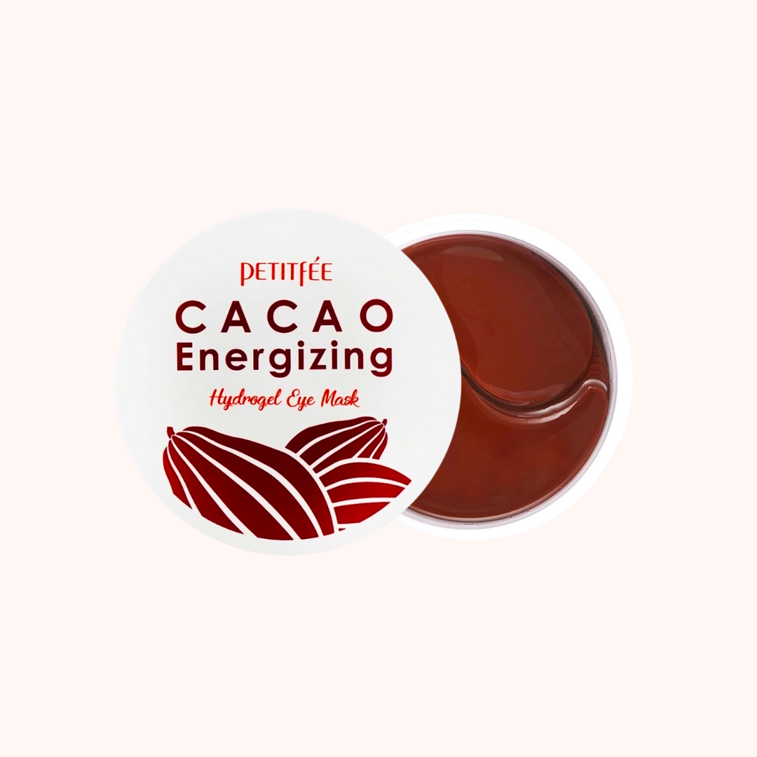 Cacao Energizing Hydrogel Eye Mask with branding on a white background