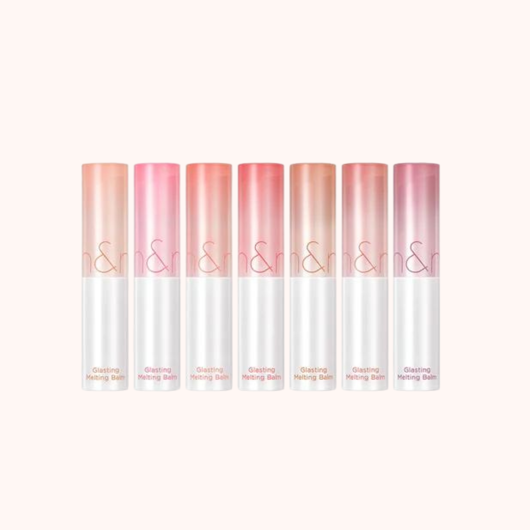 A collection of Rom&nd Glasting Melting Lip Balms in various shades with glossy finishes.