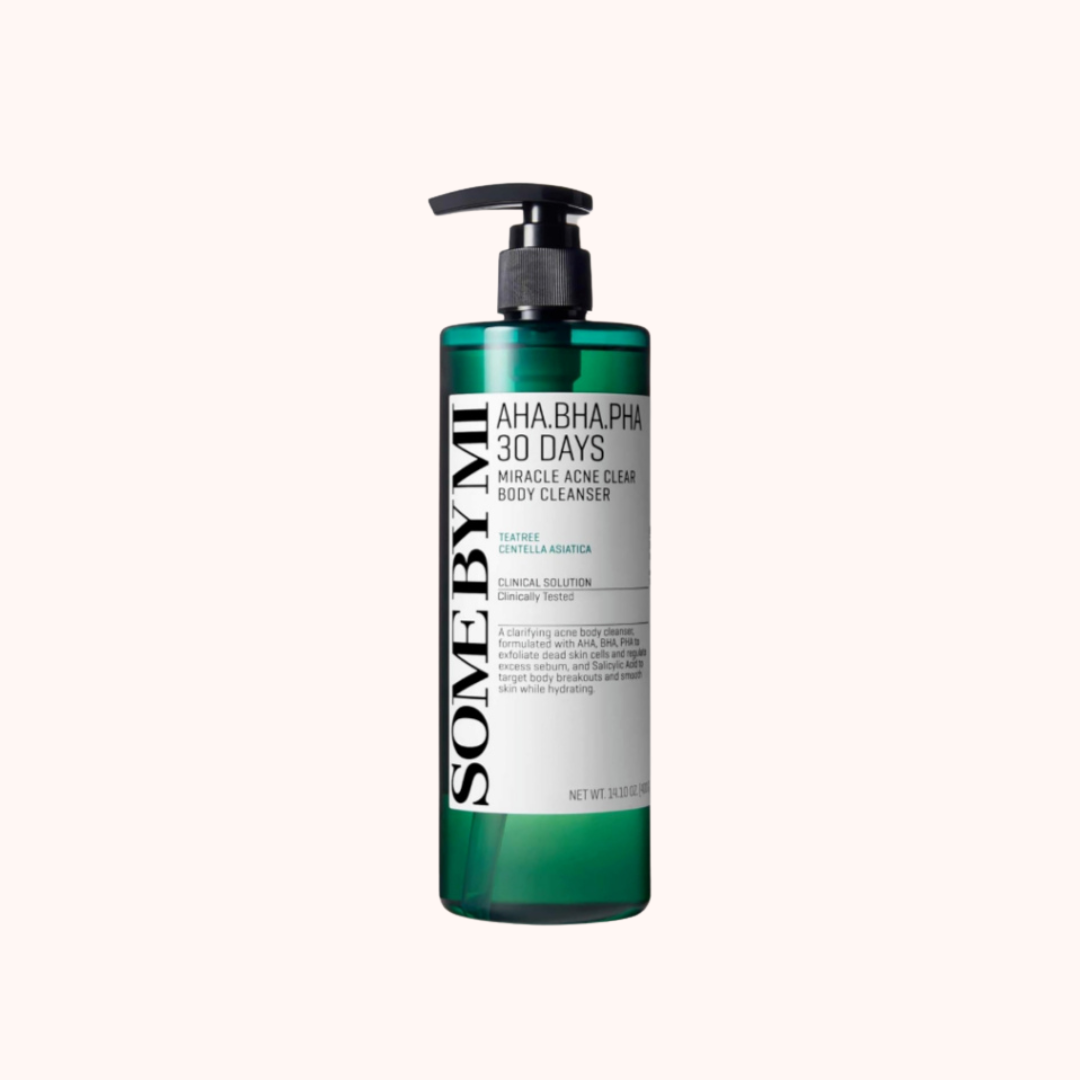 A green bottle of Some By Mi AHA-BHA-PHA 30 days Miracle Acne Body Cleanser with a pump dispenser.