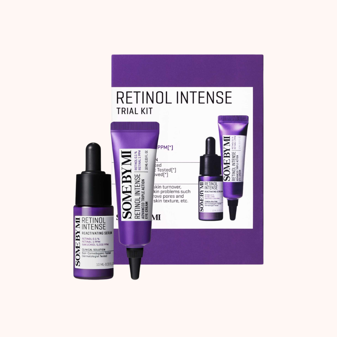 Retinol Intense trial kit with multiple purple bottles and a box on a white background