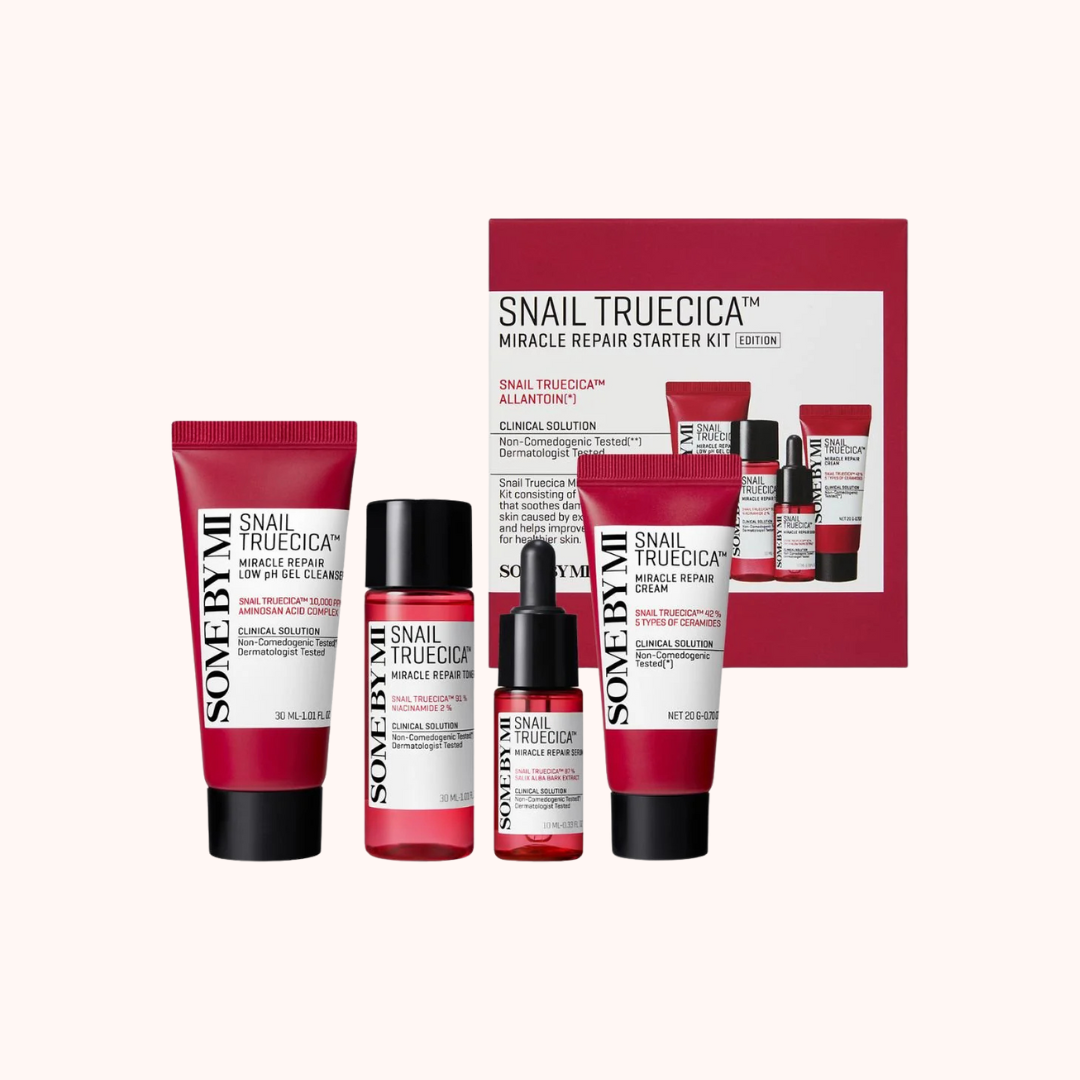 A collection of Some By Mi Snail Truecica Miracle Repair Starter Kit products including a gel cleanser, toner, serum, and cream, packaged in red and white containers.