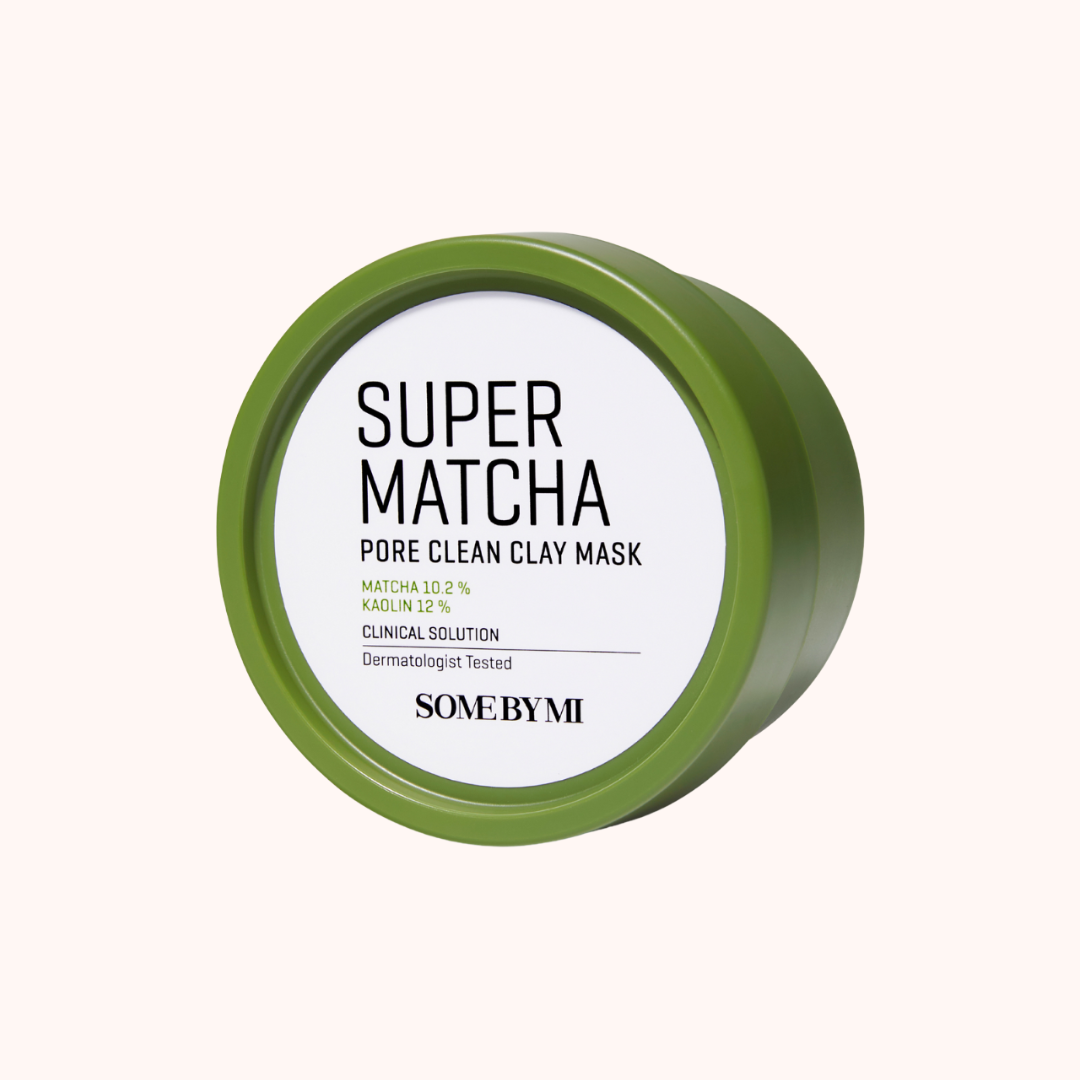 Super Matcha pore clean clay mask container with green lid and white label on a white background