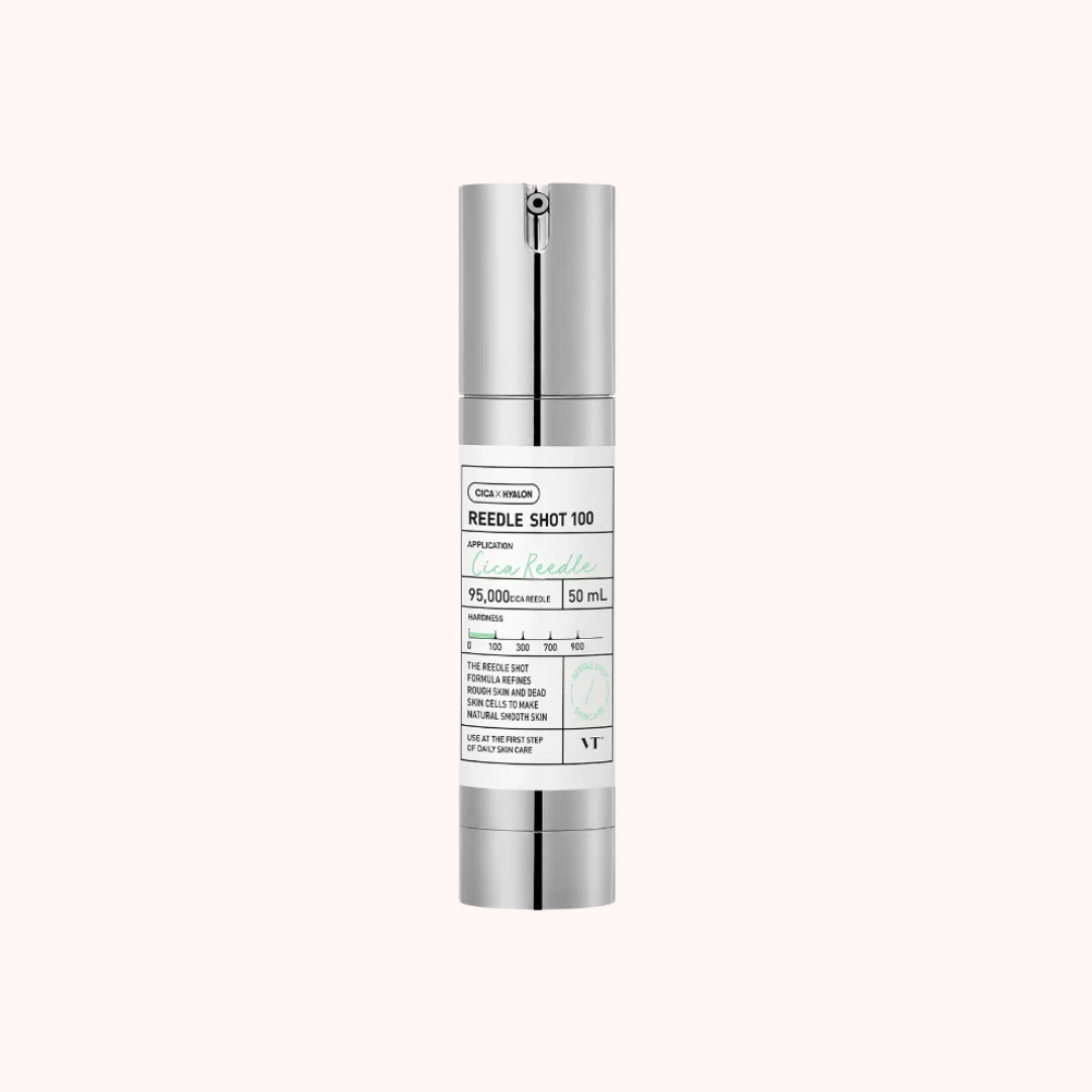 A cylindrical bottle of VT Cosmetics Reedle Shot 100 Serum with a white and silver label, 50ml in size.
