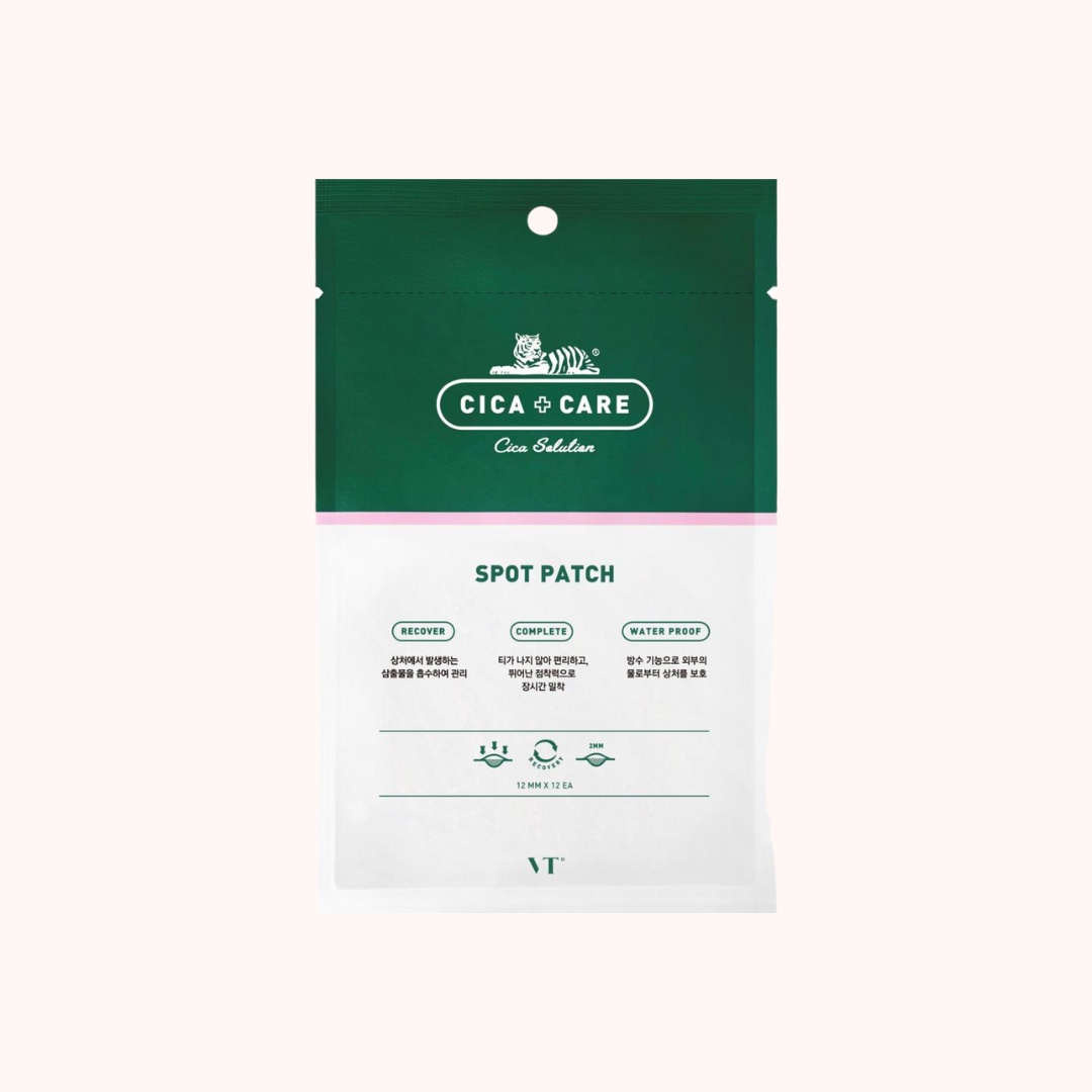 Packaging of VT Cosmetics Spot Patch which is green and white with product information and branding visible.