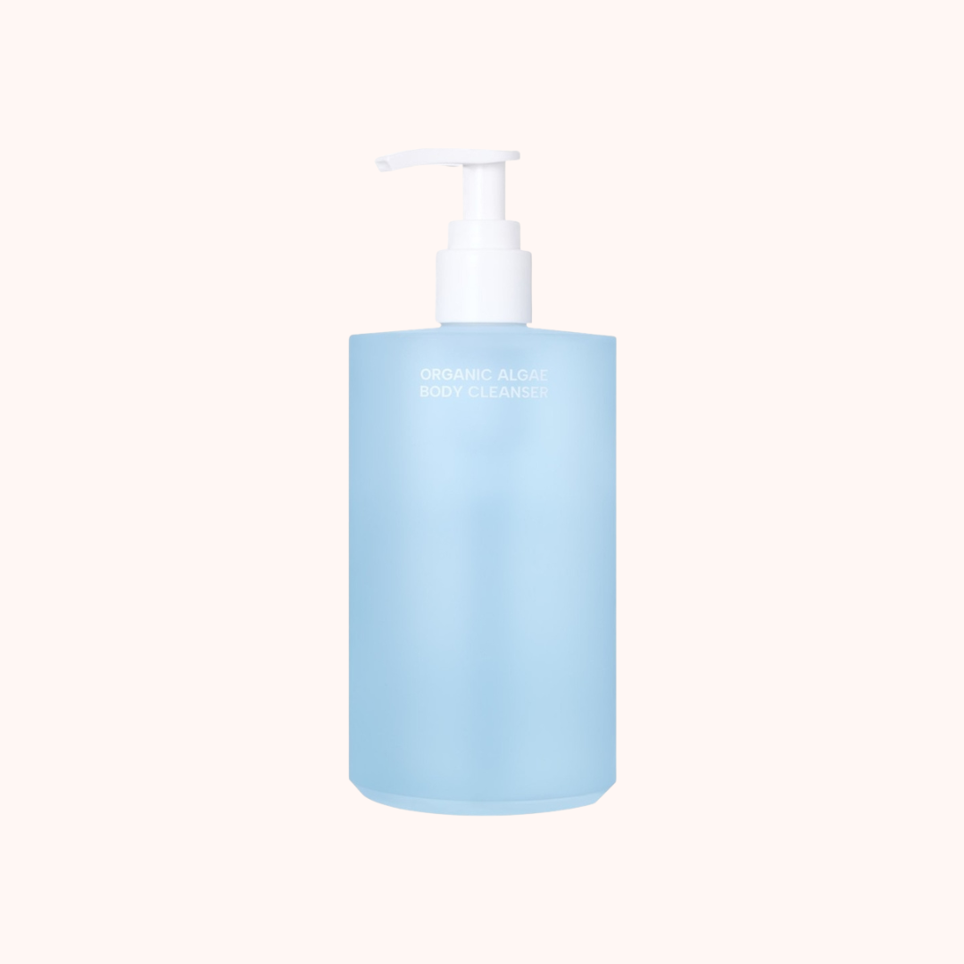 Blue bottle with pump on a white background