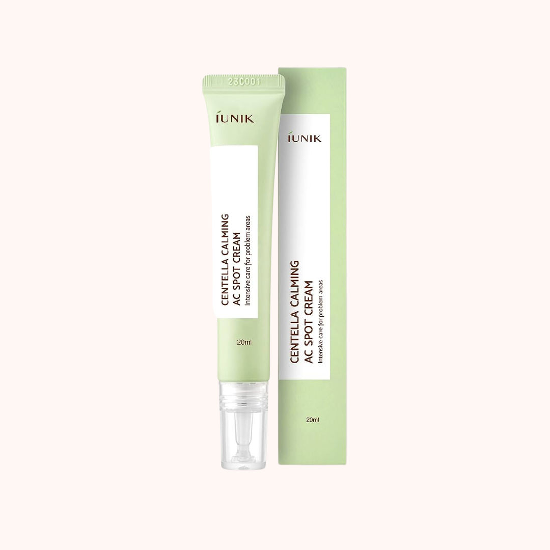 Packaging of iUNIK Centella Calming AC Spot Cream which includes a tube and box with green and white design
