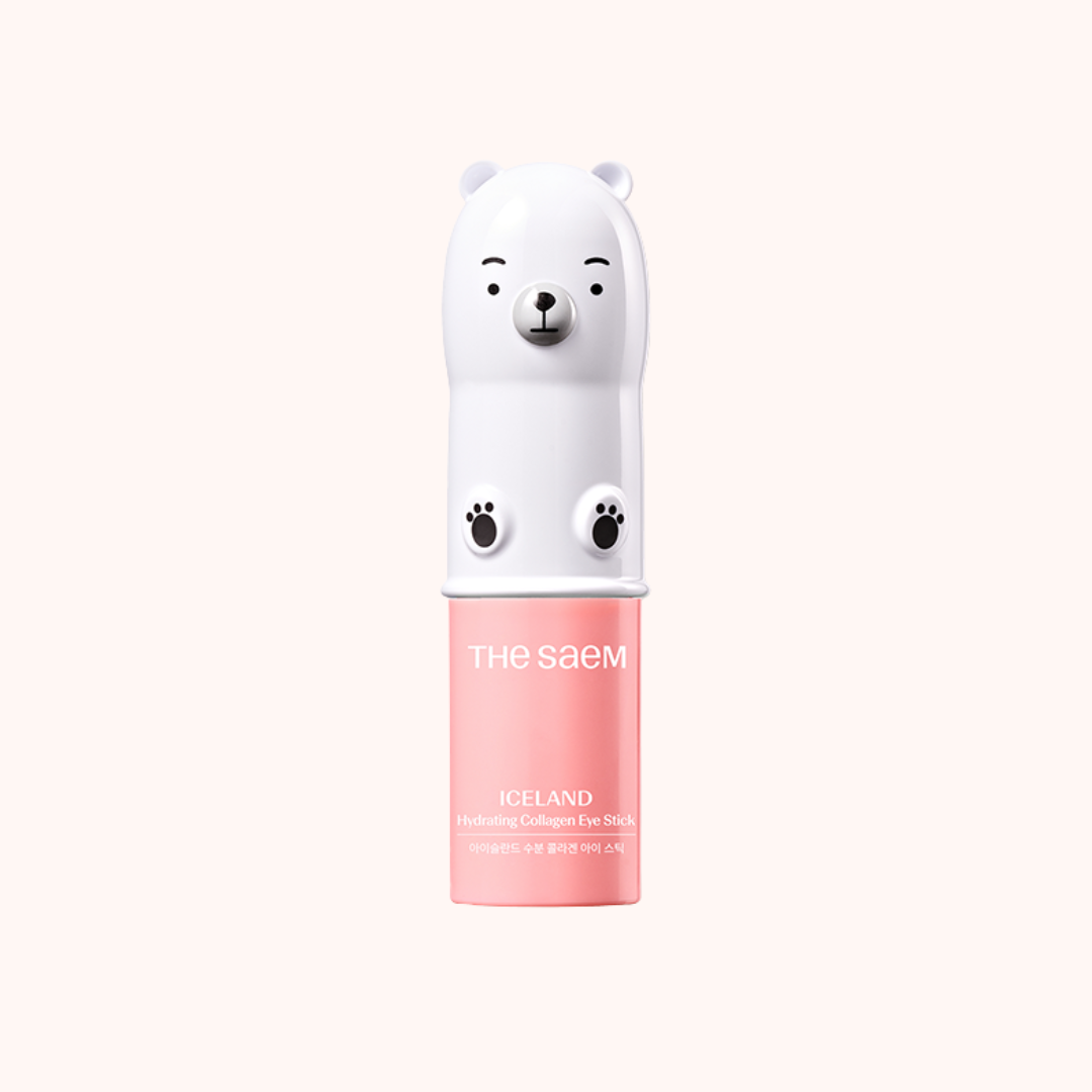 Cosmetic product with a polar bear design on a light pink background