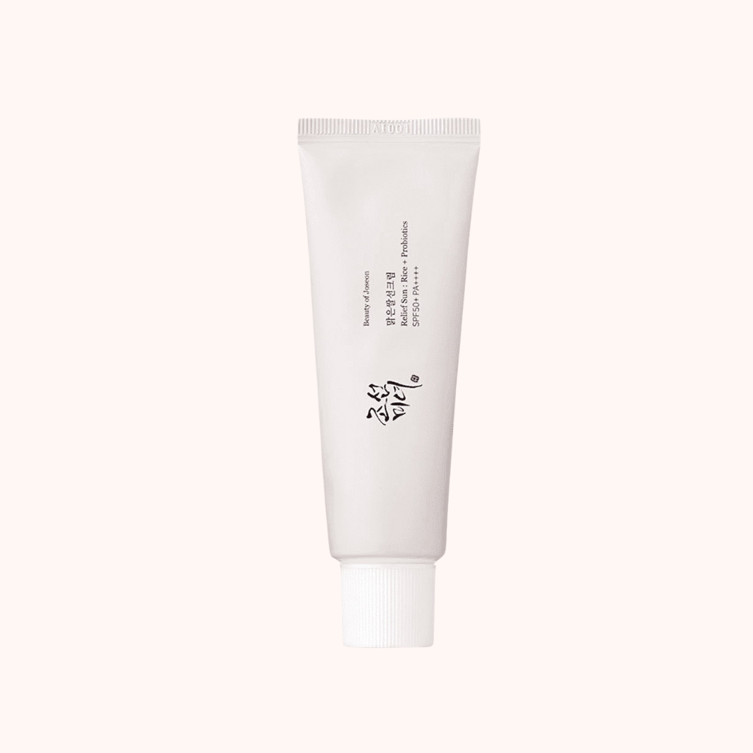 A tube of Beauty of Joseon Relief Sun: Rice + Probiotics SPF50+/PA++++ sunscreen.