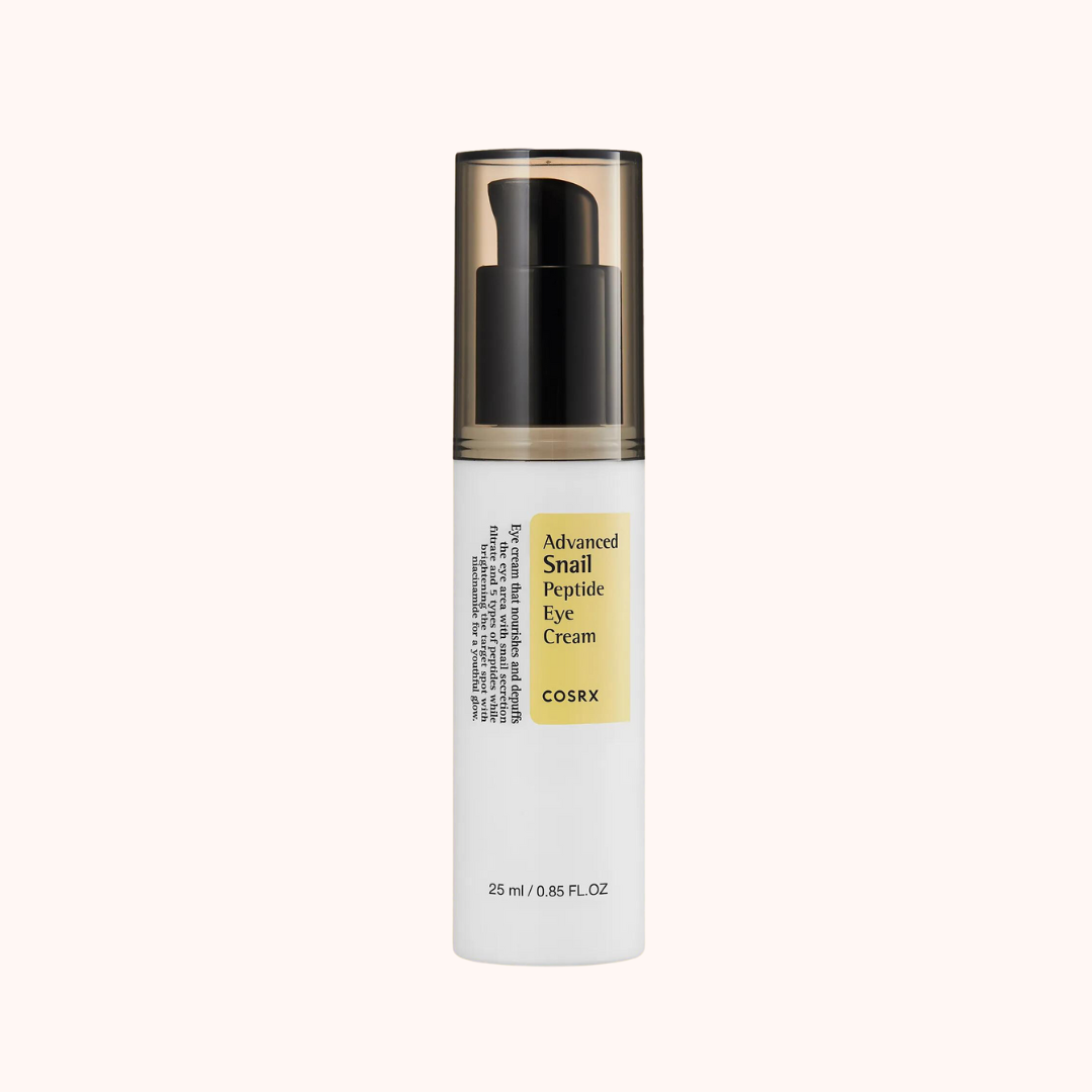 A bottle of COSRX Advanced Snail Peptide Anti Wrinkle Eye Cream with a white label and black text, containing 25ml of the product.