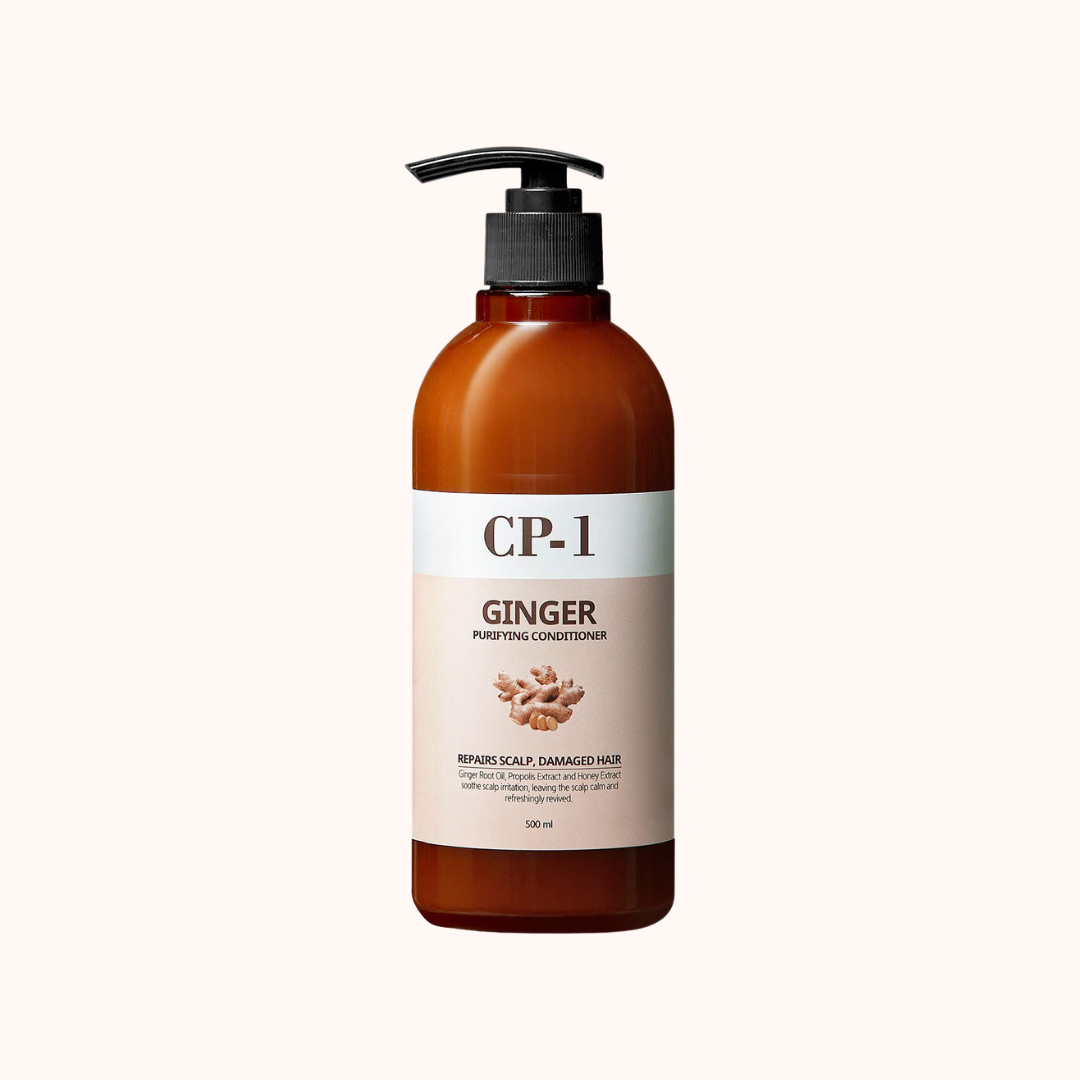 A brown bottle of CP-1 Esthetic House Ginger Purifying Conditioner with a pump dispenser, labeled with the product name and description.