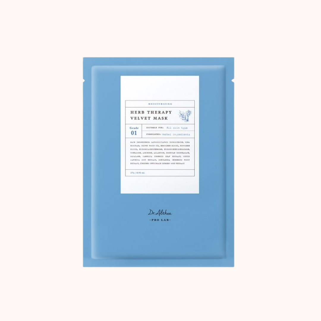A blue velvet sheet mask packaging with a label that reads &