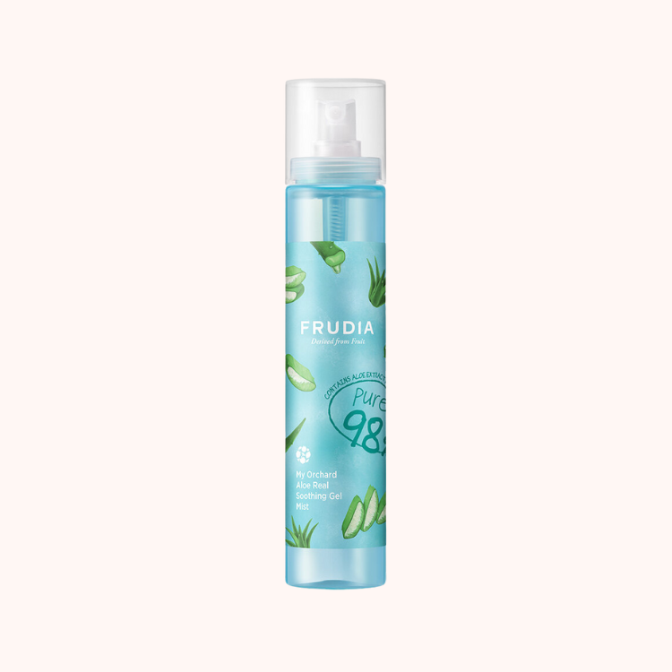 A bottle of Frudia My Orchard Aloe Real Soothing Gel Mist with a spray pump. The label shows an image of aloe vera leaves and flowers, indicating the product&