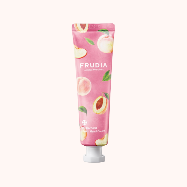 Frudia My Orchard hand cream tube with peach design, indicating it is a moisturizing cream with peach fragrance.