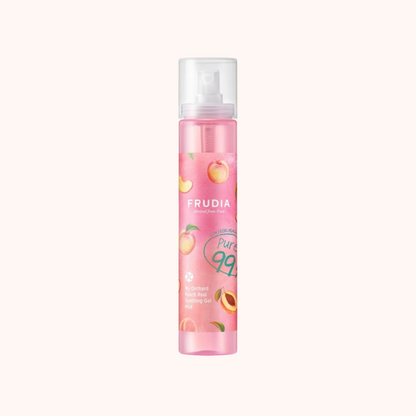 Frudia My Orchard Peach Real Soothing Gel Mist in a pink spray bottle with peach illustrations.