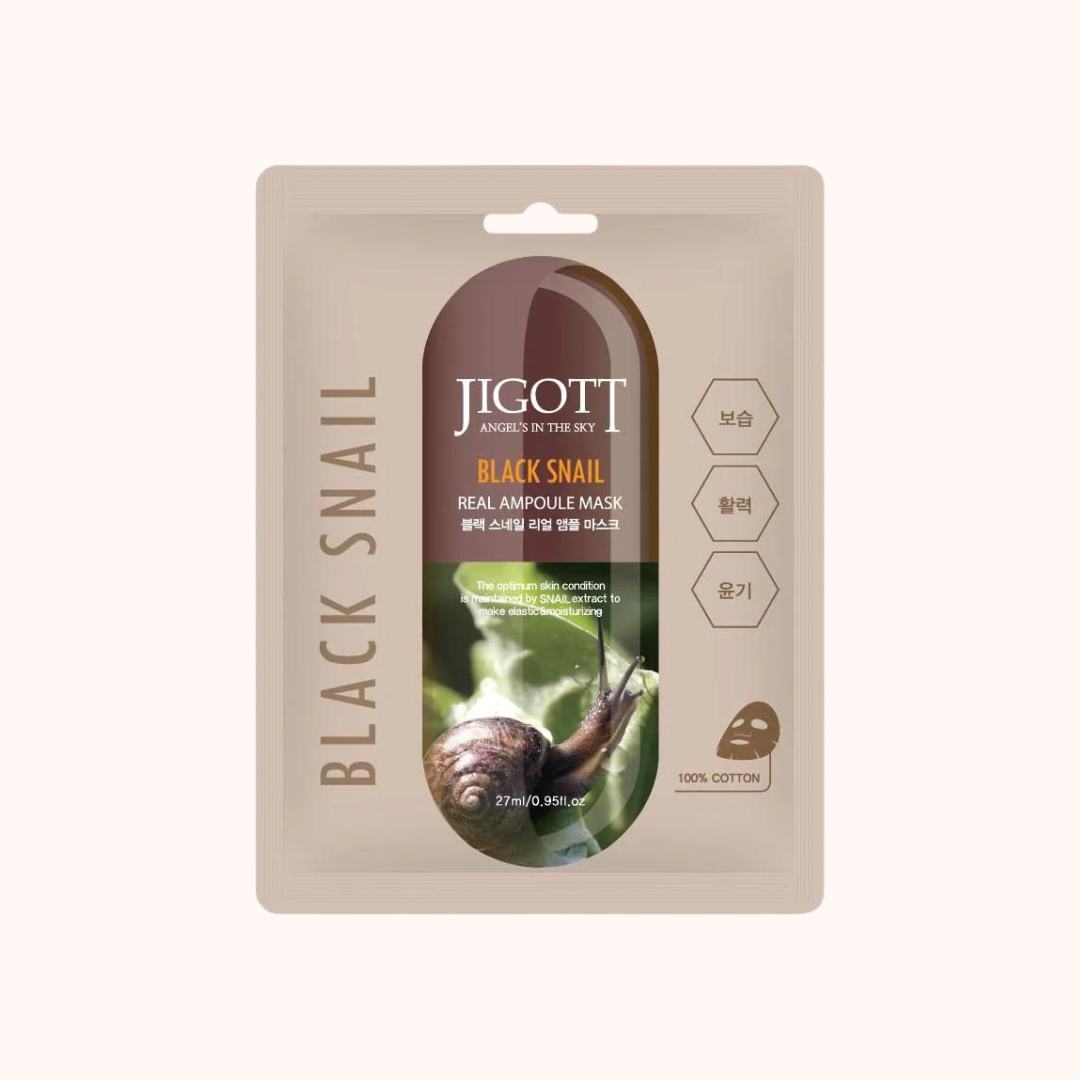 Packaging of Jigott Black Snail Real Ampoule Mask featuring product information and an image of a snail