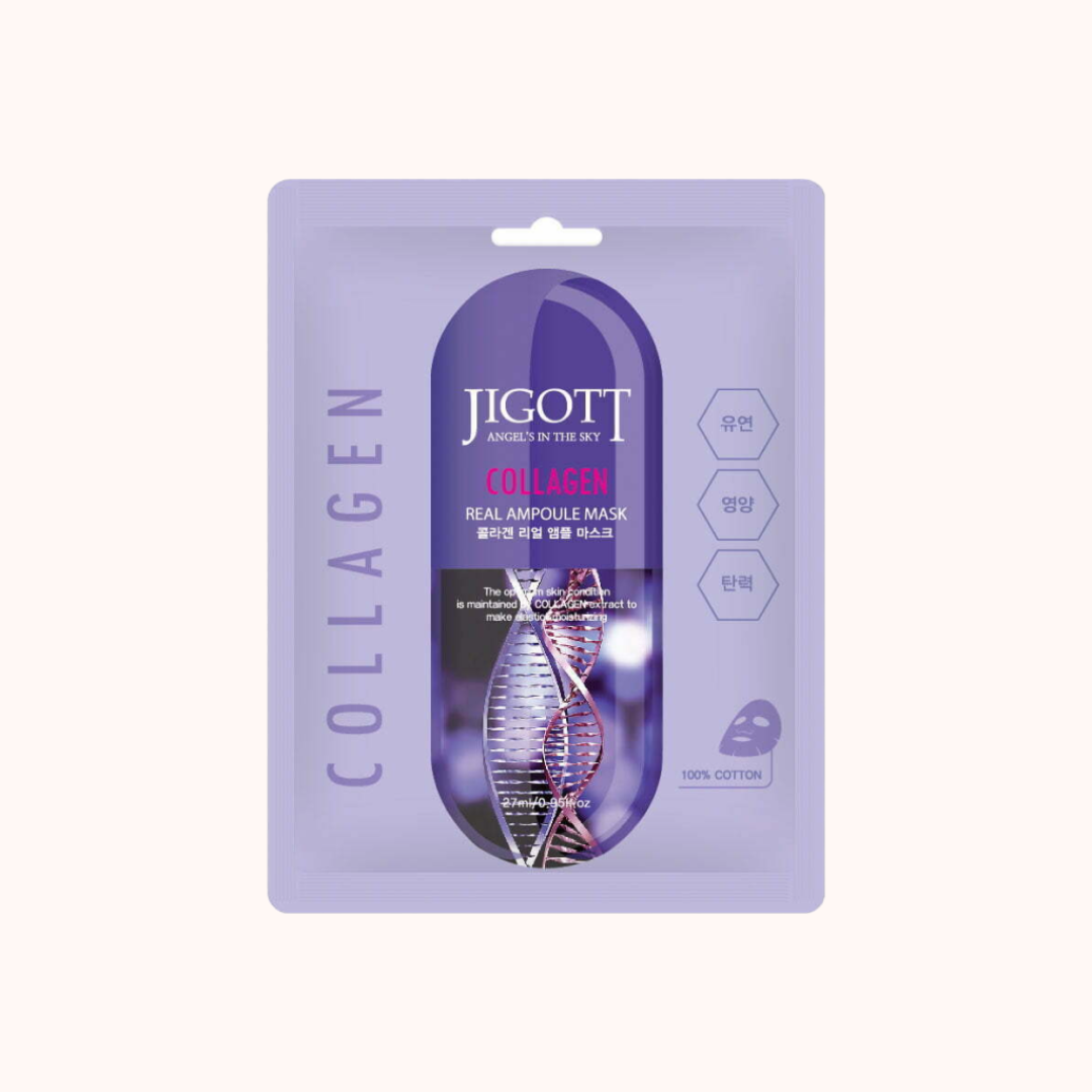 Packaging of Jigott Collagen Real Ampoule Sheet Mask, 27ml size, with information on the product&