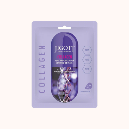 Packaging of Jigott Collagen Real Ampoule Sheet Mask, 27ml size, with information on the product&
