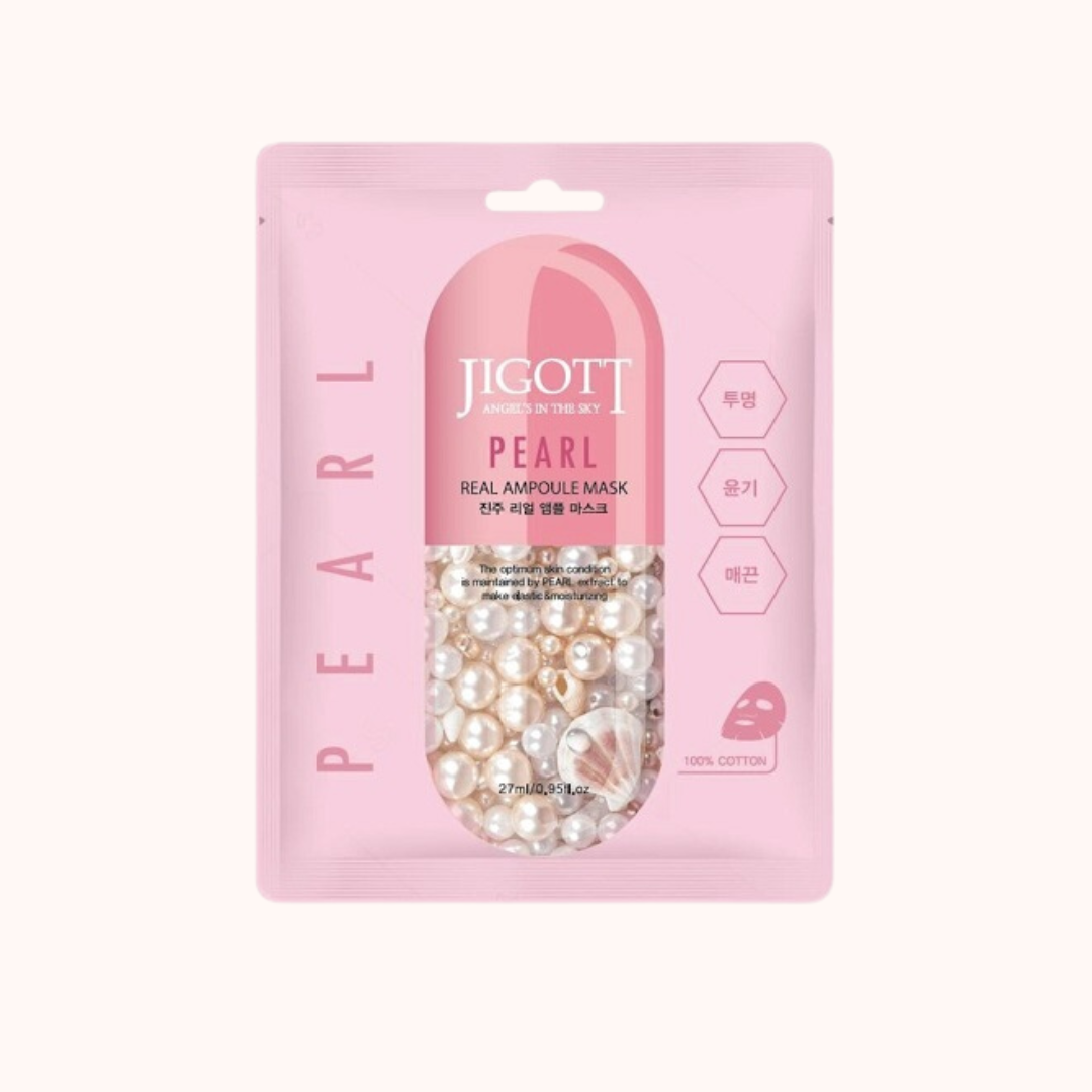 Packaging of Jigott Pearl Real Ampoule Mask with pearls, featuring the product name and pearl images, in a pink and white color scheme.