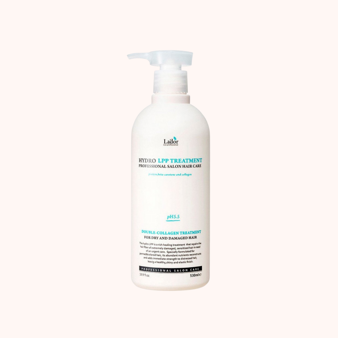 A pump bottle of Lador Professional Hair Care Hydro LPP Treatment, which is intended for damaged and dry hair with collagen.