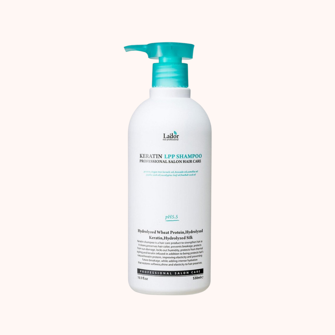 A pump bottle of Lador Professional Hair Care Keratin LPP Shampoo, 530ml.