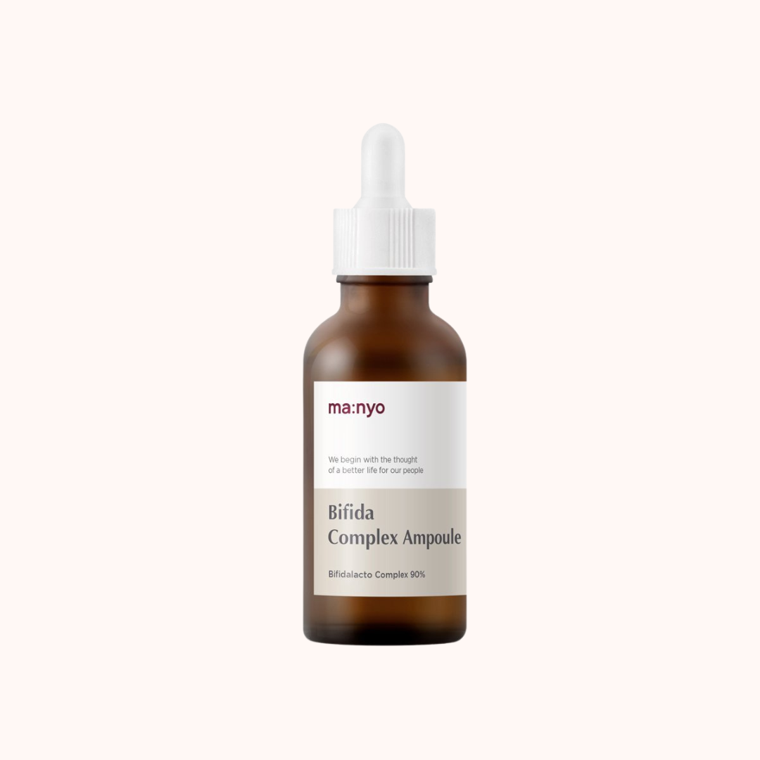A bottle of Ma:nyo Factory Bifida Biome Complex Ampoule with a dropper, labeled with the product information.