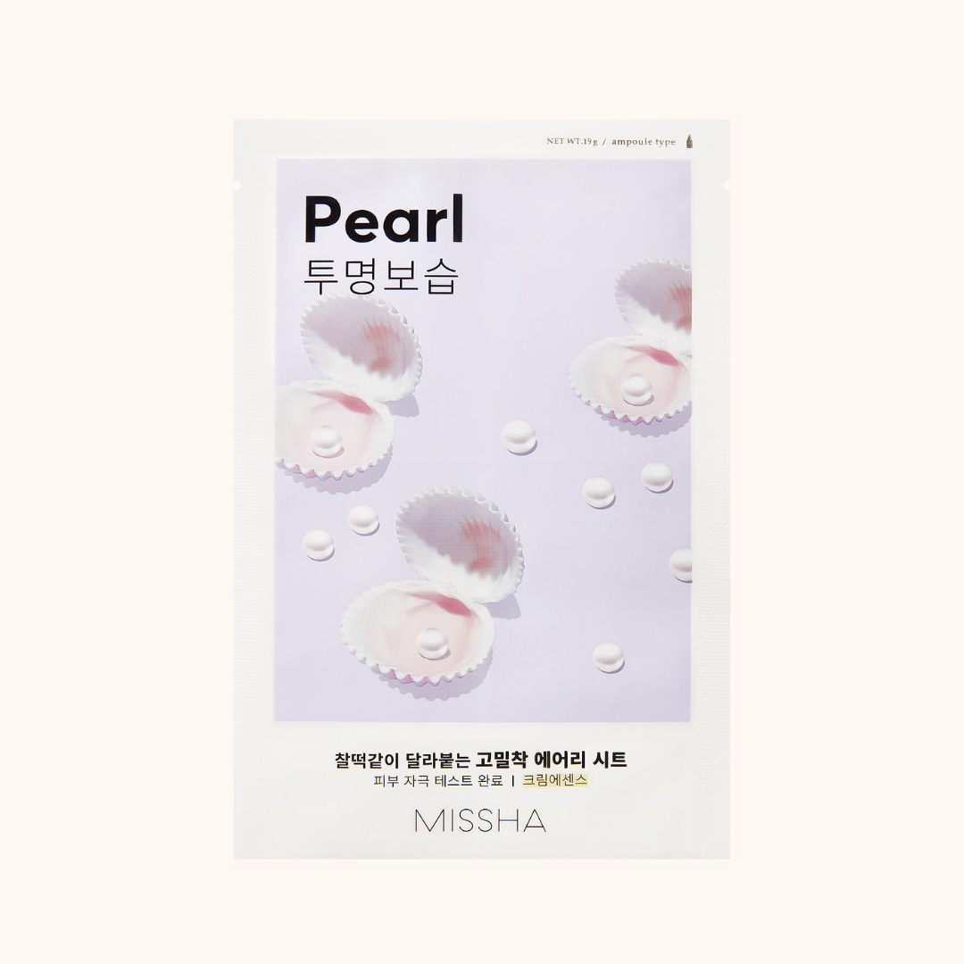 Packaging of Missha Airy Fit Hydrating Sheet Mask with pearl extract, showing the product name and an image of pearls on a purple background.