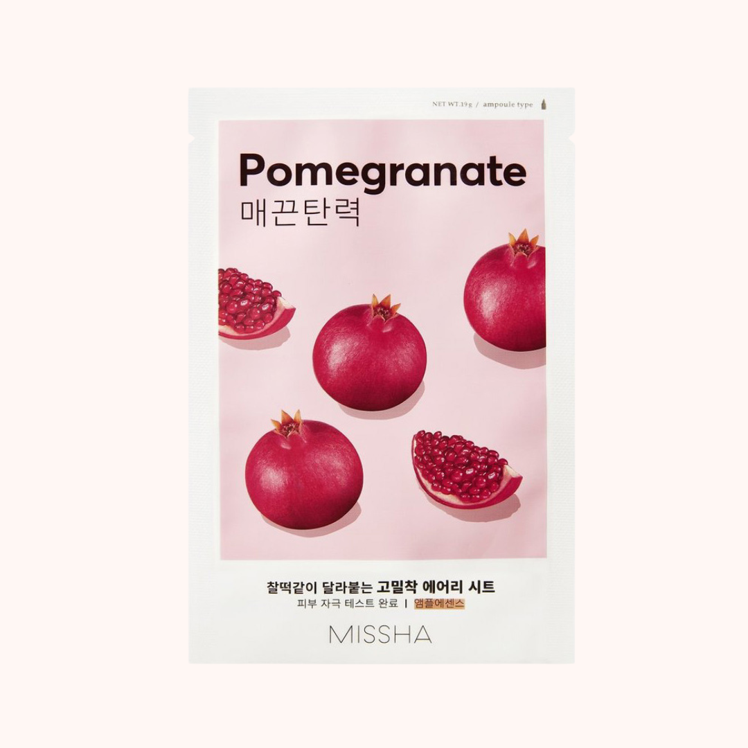 Packaging of Missha Airy Fit Sheet Mask featuring pomegranate images and text on a pink background.
