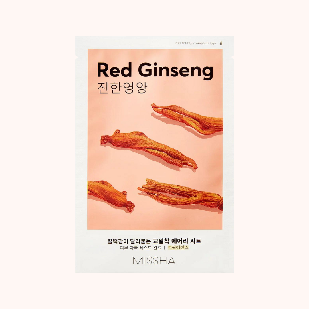 Packaging for Missha Airy Fit Sheet Mask with Red Ginseng. The image shows a sheet mask product with a pink background and several strands of red ginseng root illustrations.