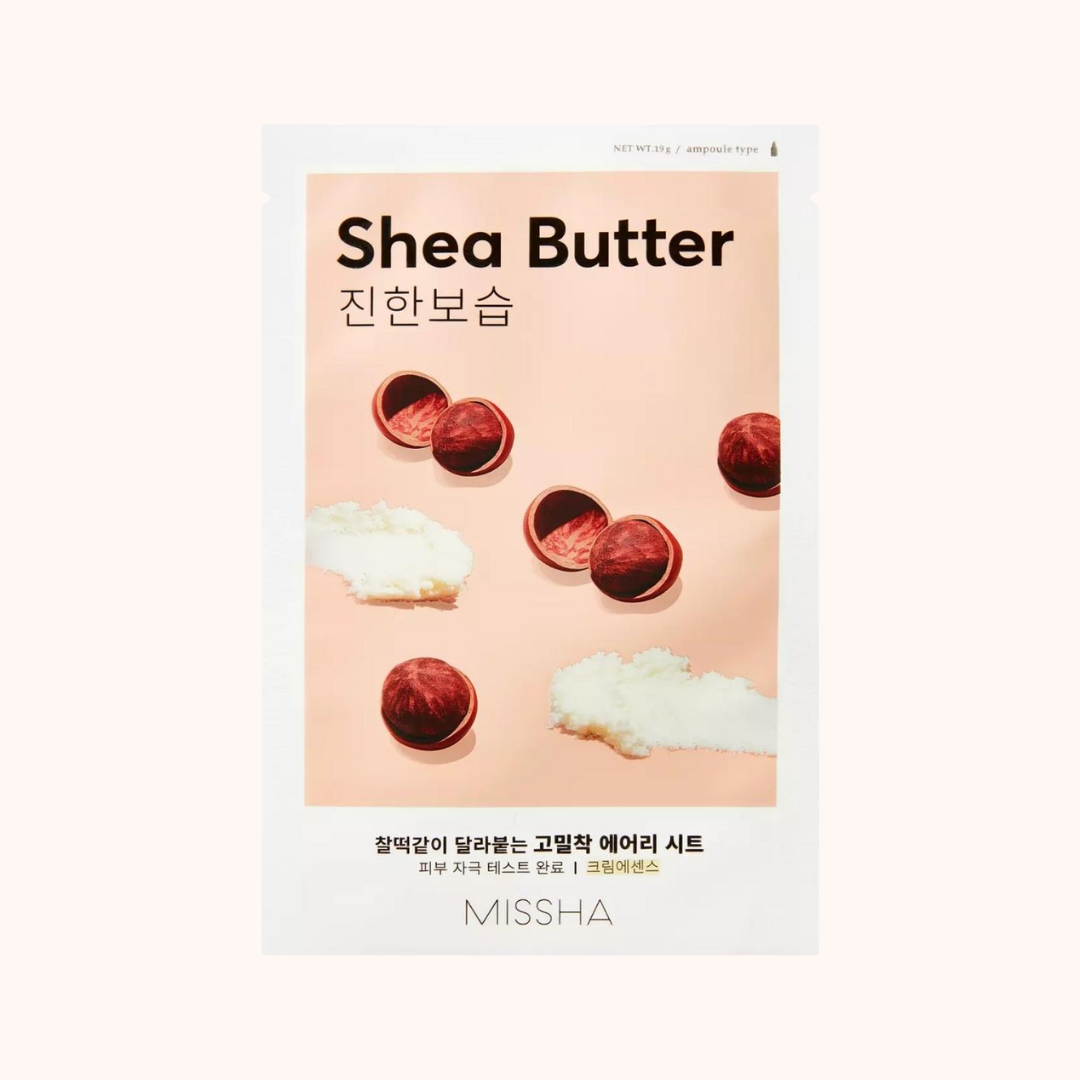 Packaging for Missha Airy Fit Sheet Mask with Shea Butter, showing the product and its name in English and Korean, with an image of shea nuts and a cotton mask on a pink background.