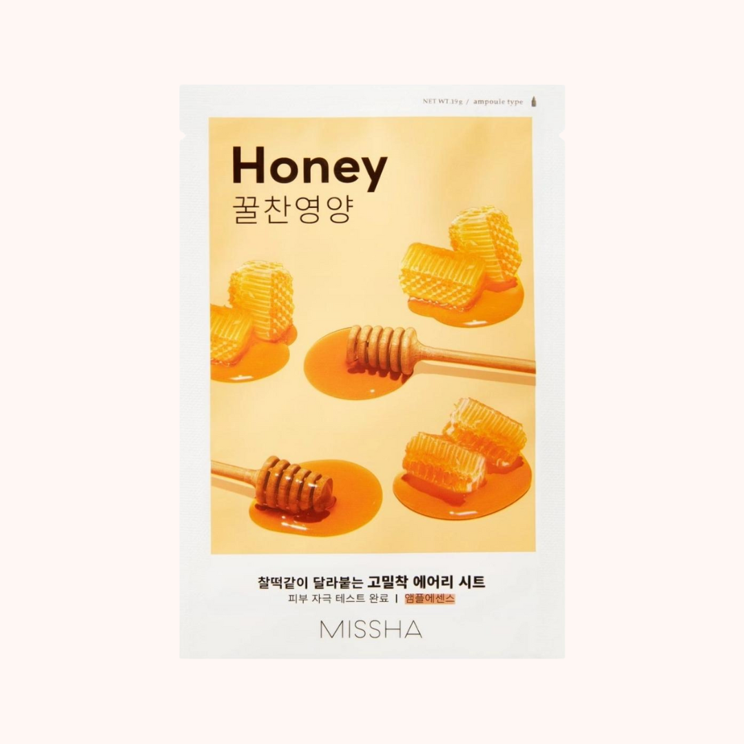 Packaging of Missha Airy Fit Soothing Sheet Mask Honey with honey extract and botanical extracts, indicated for skincare.